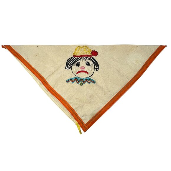Vintage Embroidered Sad Clown Tea Towel Orange Yellow Trim Miercoles MX 16x18 - Picture 1 of 15